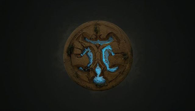 Ancient Carved Stone Disk Emitting Cyan-Blue Pools and Moss-Lined Engraved Sigil