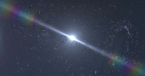 Stellar beam emitting through cosmic wireframe polyhedra with rainbow lens flares