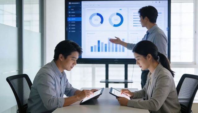 Colleagues Reviewing Tablets During Analytics Presentation in Modern Boardroom