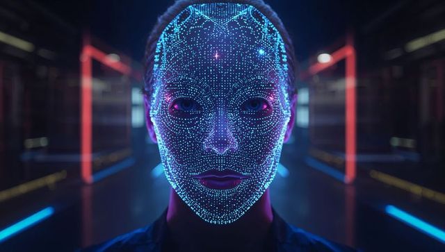 Futuristic cyber face scan in neon tech corridor