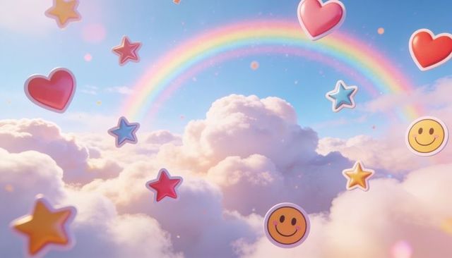 Drifting pastel clouds with rainbow and floating heart, star, smile sticker icons
