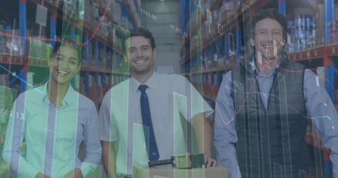 Finance and logistics: team analyzing data in warehouse environment