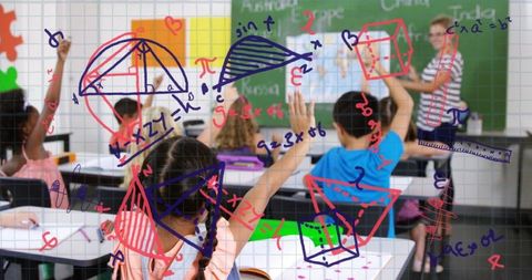 Diverse Children in Classroom with Mathematical Icons Overlay