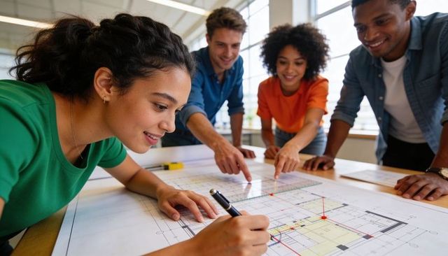 Multicultural design team collaborating over architectural blueprint marking floor plan