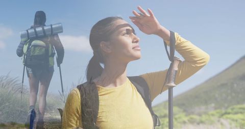 Woman Hiking with Walking Stick Silhouette Over Scenic Mountain - Download Free Stock Images Pikwizard.com