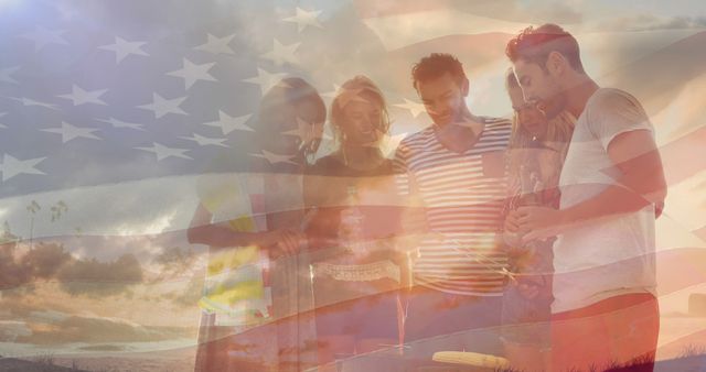 Group of friends enjoying a barbecue in a sunshine setting with an overlay of the American flag. Perfect for use in advertisements, social media posts, blog content, or promotional materials celebrating Independence Day, patriotism, community, summer events, and festive gatherings.