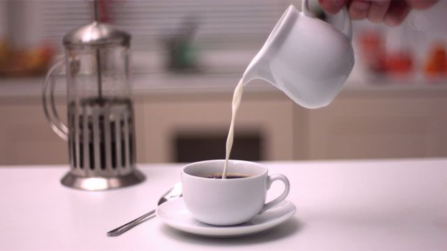 White ceramic jug pouring creamy milk into freshly brewed coffee, capturing a sense of morning calm and relaxation. Coffee sits on countertop beside stainless steel French press, suggesting an inviting setting for breakfast rituals. Ideal for use in blogs about coffee culture, advertisements for coffee products or creamer, and lifestyle articles promoting relaxation or morning routines.