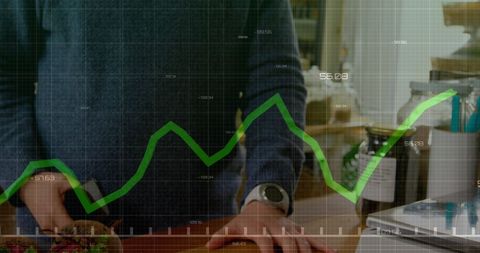 This visual displays a person using NFC technology to make a payment in a grocery setting, superimposed with a financial growth graph. Use for illustrating digital payment systems, modern financial solutions, or the impact of technology in daily transactATIONS.