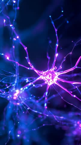 Vertical loop of pulsing digital neurons and glowing synapses simulating neural impulses