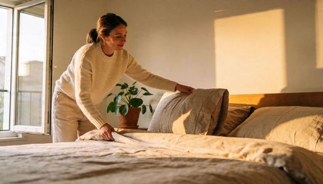 Woman making bed in sunlit minimalist bedroom with linen duvet and indoor plant