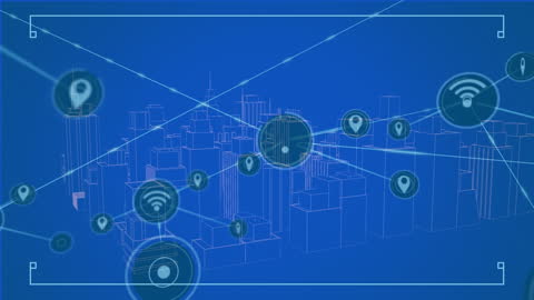 Futuristic Digital Network Overlaid on 3D Cityscape