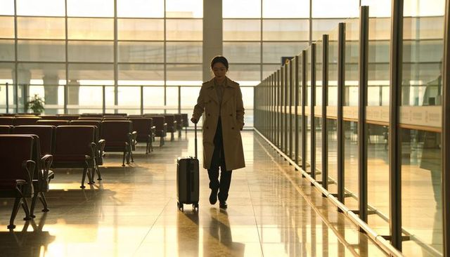 Walking asian woman pulling suitcase through sunlit airport concourse in trench coat