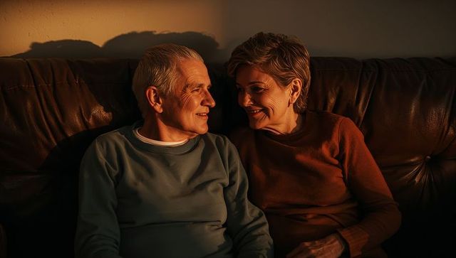 Smiling senior couple leaning close on leather sofa under warm golden side light