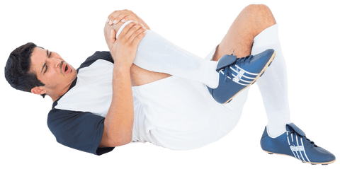 Injured football player holding knee on transparent background