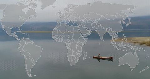 Canoeing Across Calm Lake with World Map Overlay