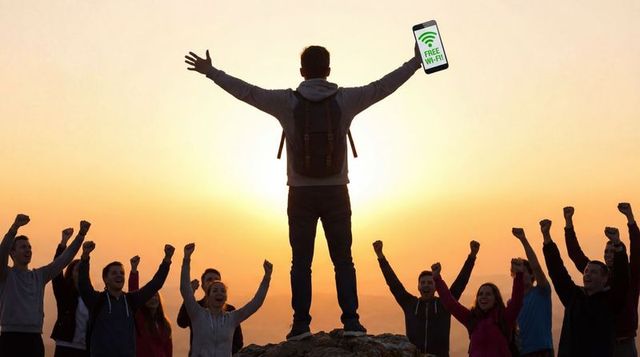 Hiker raising smartphone displaying free wi-fi on summit at sunset with cheering crowd