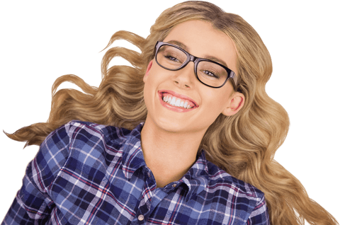 Smiling Blonde Woman with Glasses and Plaid Shirt on Transparent Background