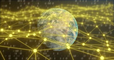 Global Data Network Connecting Earth with Golden Nodes and Binary Stream Visualization