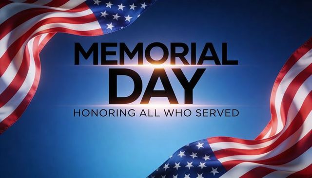 Memorial day tribute honoring all who served with waving american flags and lens glow