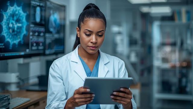 Clinician reviewing diagnostic data on tablet in high-tech medical research laboratory