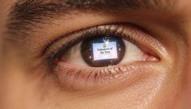 Closeup eye reflecting volunteer of year certificate emotional recognition concept
