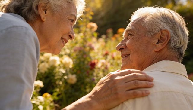 Smiling senior couple sharing tender moment in sunlit rose garden during soft golden hour
