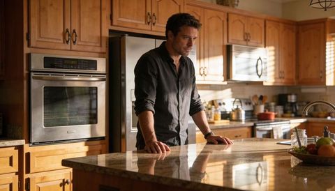 Solitary man leaning on granite kitchen island in warm wood interior, contemplative moment