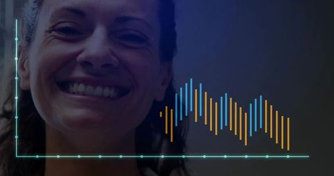 Smiling middle-aged woman displaying turquoise waveform and analytics bars
