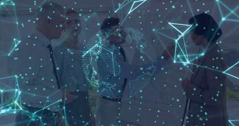 Business Team Collaborating on Strategy with Global Network Overlay and Data Visualization