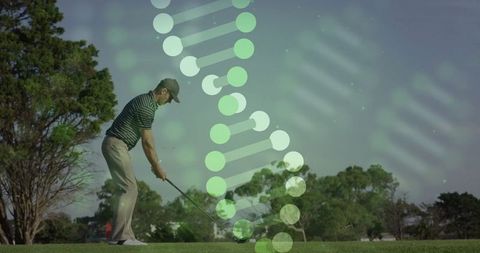 Golfer aligning swing on fairway with dna overlay