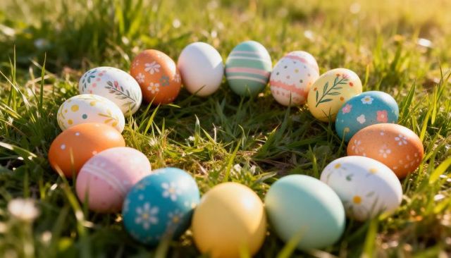 Pastel easter egg circle on sunlit grass with hand-painted floral patterns