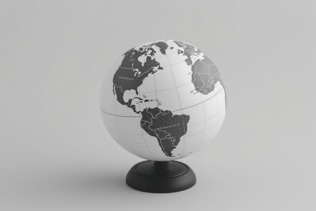 A black and white globe on a plain background, with copy space. Ideal for educational contexts, the globe emphasizes geography and global awareness.