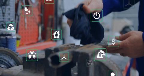 Technician Maintaining Equipment with Energy Icons Overlay