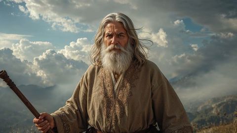 Wise elder with staff in mountainous wilderness