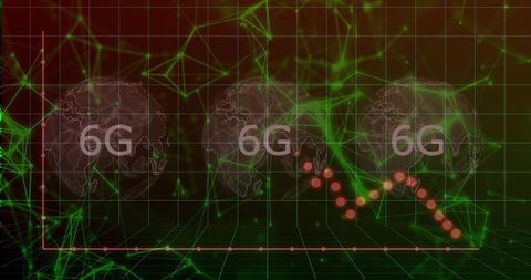 6g network visualization with neon wireframe globes and declining analytics trend