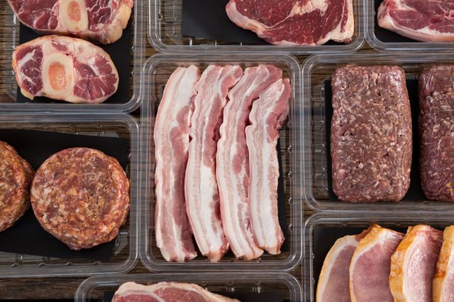 Assorted raw meat cuts including bacon, steak, ground beef, and other varieties in plastic packaging. Ideal for use in food industry promotions, grocery store advertisements, butcher shop displays, and meal preparation guides.