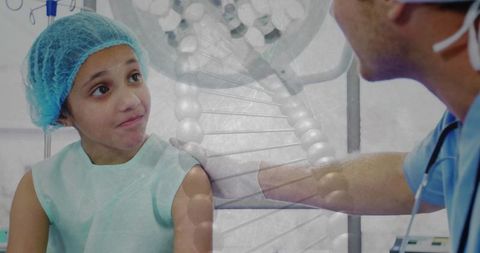 Doctor comforting child during pediatric genetics exam with dna strand overlay and clinical care