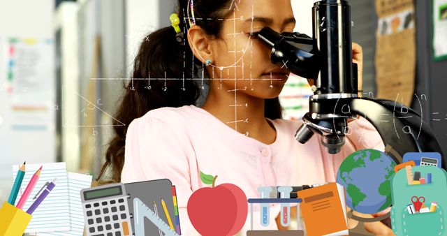 This image shows a young girl observing through a microscope in a classroom setting, surrounded by educational elements such as mathematical equations, books, and science-related objects. It is ideal for use in educational materials, online learning platforms, science classroom resources, or any content aimed at promoting academic curiosity and scientific research among children.