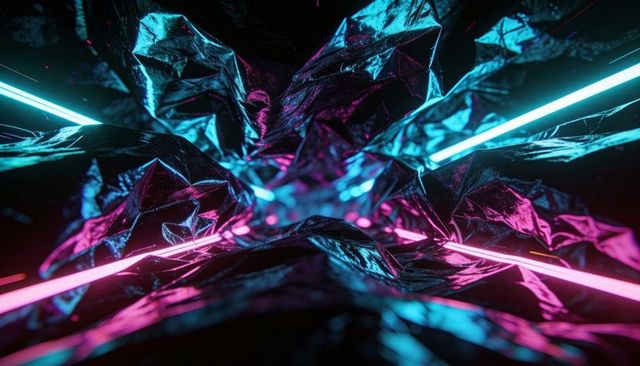 Crumpled metallic foil forming neon cyberpunk tunnel with cyan and magenta glow