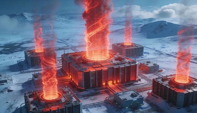 Arctic reactor nexus emitting spiraling red-orange energy vortex over snow-covered facility