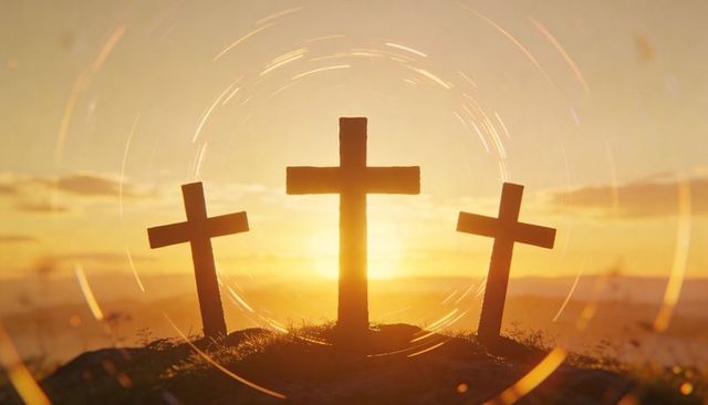 Three wooden crosses silhouetting at sunrise on hilltop with golden lens flare glow
