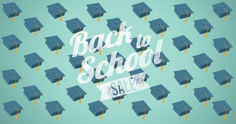 Back to School Sale Advertisement with Graduation Caps on Green Background