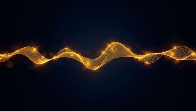 Golden mesh wave ribbon flowing across dark canvas with glowing bokeh particles