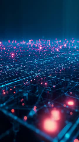 Pulsing Orange Nodes Energizing Neon Network Grid with Turquoise Lines and Magenta Sparks