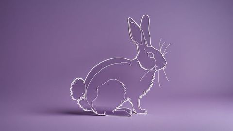 Minimalist neon white line cottontail rabbit on purple background