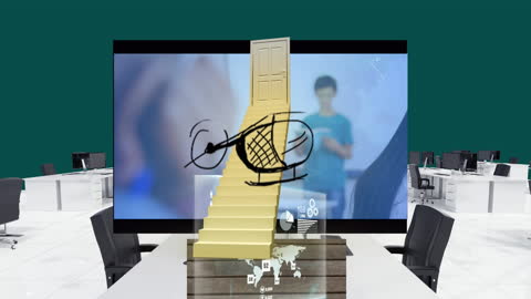 Surreal Business Office with Helicopter Animation and Abstract Elements