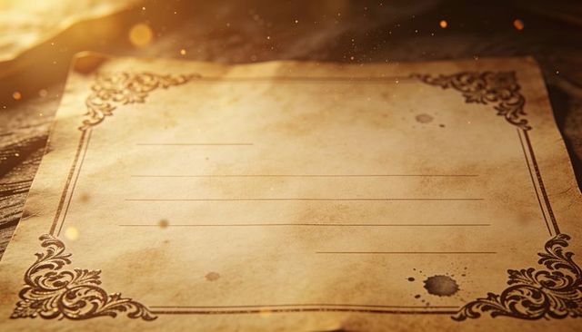 Ornate vintage parchment showing filigree corner border and ruled lines with stains