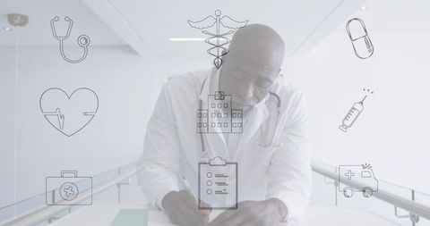 Physician leaning on railing writing patient chart with medical icon overlay for clinic