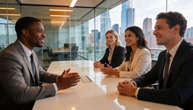 Executives Negotiating in Modern Glass Boardroom with City Skyline and Glossy Table Reflection