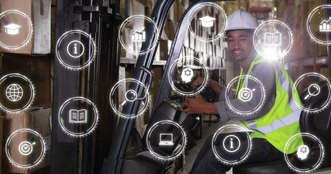 Warehouse Worker Driving Forklift with Digital Interface Icons - Download Free Stock Images Pikwizard.com